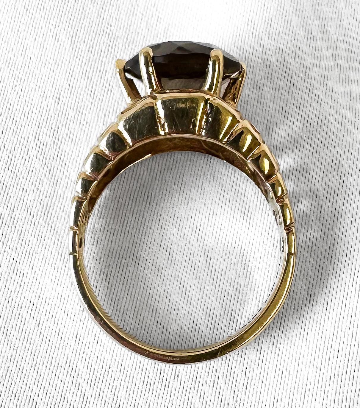 Vintage 10K Dason Yellow Gold Smokey Topaz Lattice Edge Ring, Sz. 5.25/5.5, Vintage Statement Brutalist Art Deco Cocktail Ring