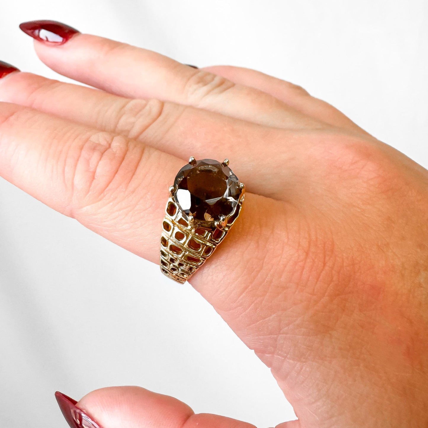 Vintage 10K Dason Yellow Gold Smokey Topaz Lattice Edge Ring, Sz. 5.25/5.5, Vintage Statement Brutalist Art Deco Cocktail Ring