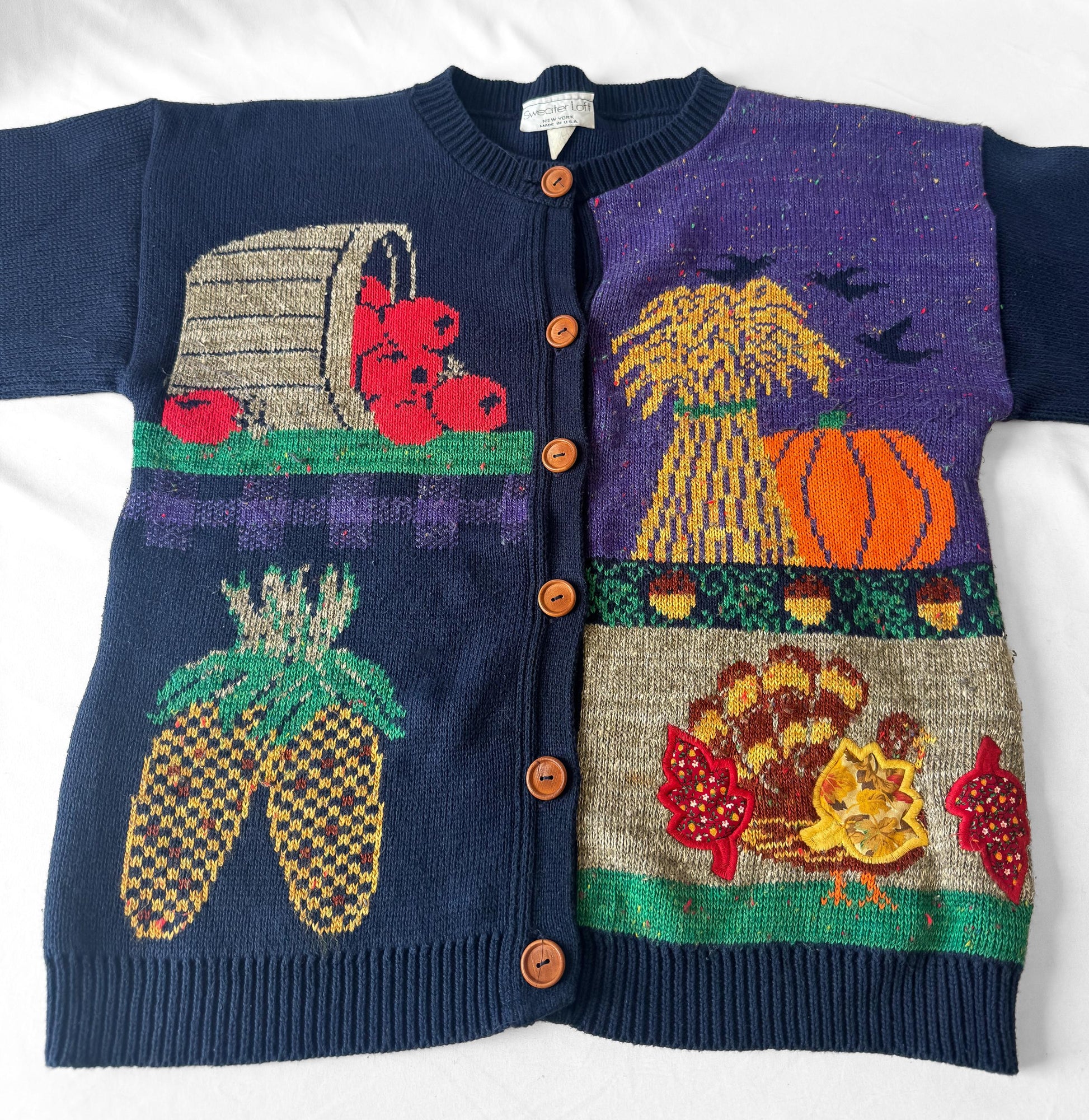 Vintage 80s/90s Sweater Loft Autumn Harvest Navy Knit Cotton Cardigan, Approx. Women's Sz. S, Vintage Halloween Fall Sweater