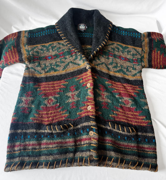 Vintage Style Woolrich Multicolor Aztec Southwest Print Chunky Knit Shawl Collar Wool Unisex Cardigan Sweater, Men's Sz. L