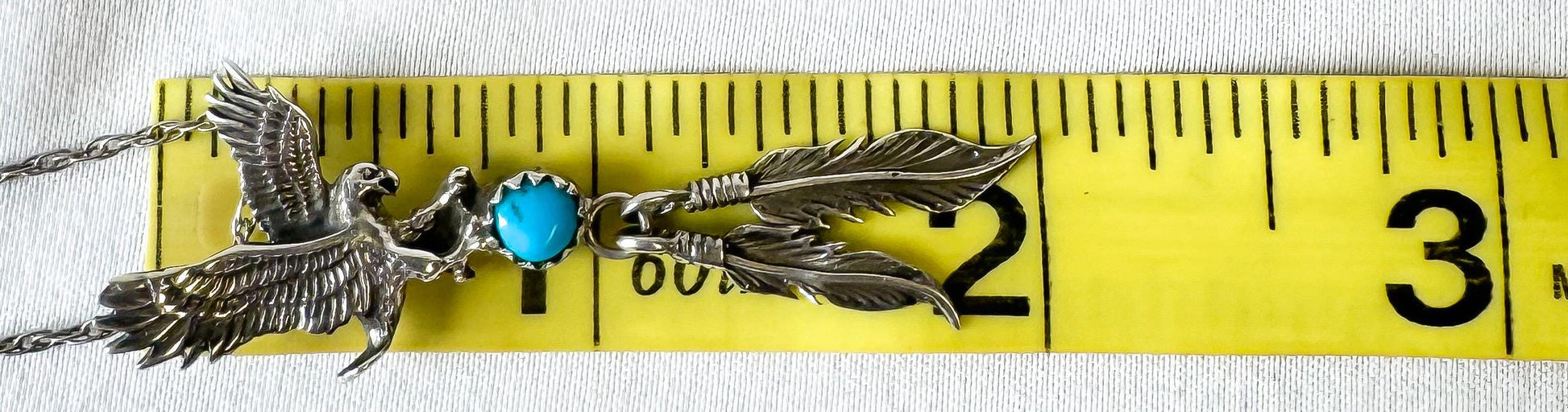 Vintage 925 Sterling Silver Turquoise Soaring Eagle Dangle Feather Pendant Necklace, 19 Inches, Navajo Boho Western Southwest Necklace