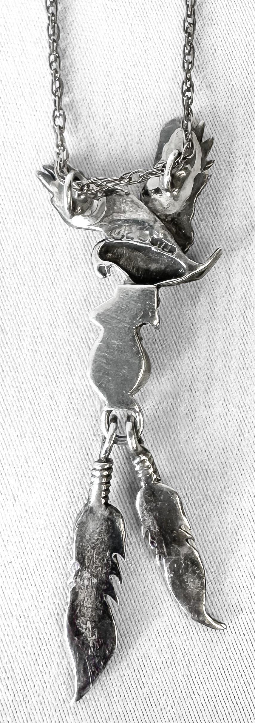 Vintage 925 Sterling Silver Turquoise Soaring Eagle Dangle Feather Pendant Necklace, 19 Inches, Navajo Boho Western Southwest Necklace