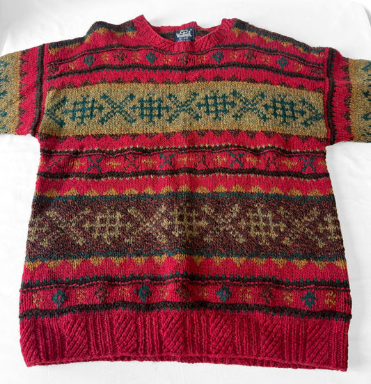 Vintage Woolrich Red Multicolor Geometric Print Knit Wool Sweater, Approx. Men's Sz. L