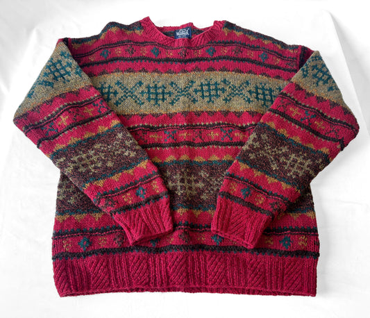 Vintage Woolrich Red Multicolor Geometric Print Knit Wool Sweater, Approx. Men's Sz. L