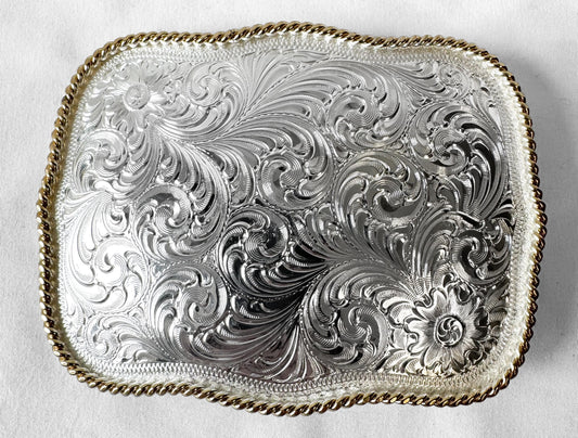 Vintage Montana Silversmiths Scalloped Rectangle Gold Trim Floral Etched Belt Buckle, Western Rodeo Festival Accessories