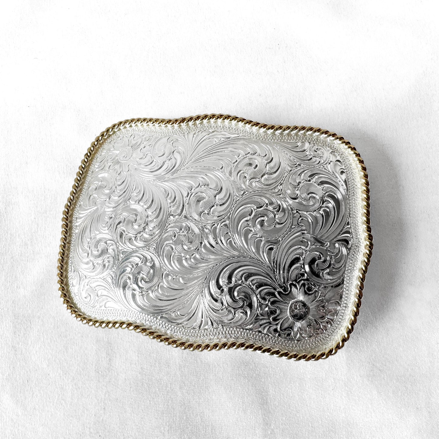 Vintage Montana Silversmiths Scalloped Rectangle Gold Trim Floral Etched Belt Buckle, Western Rodeo Festival Accessories