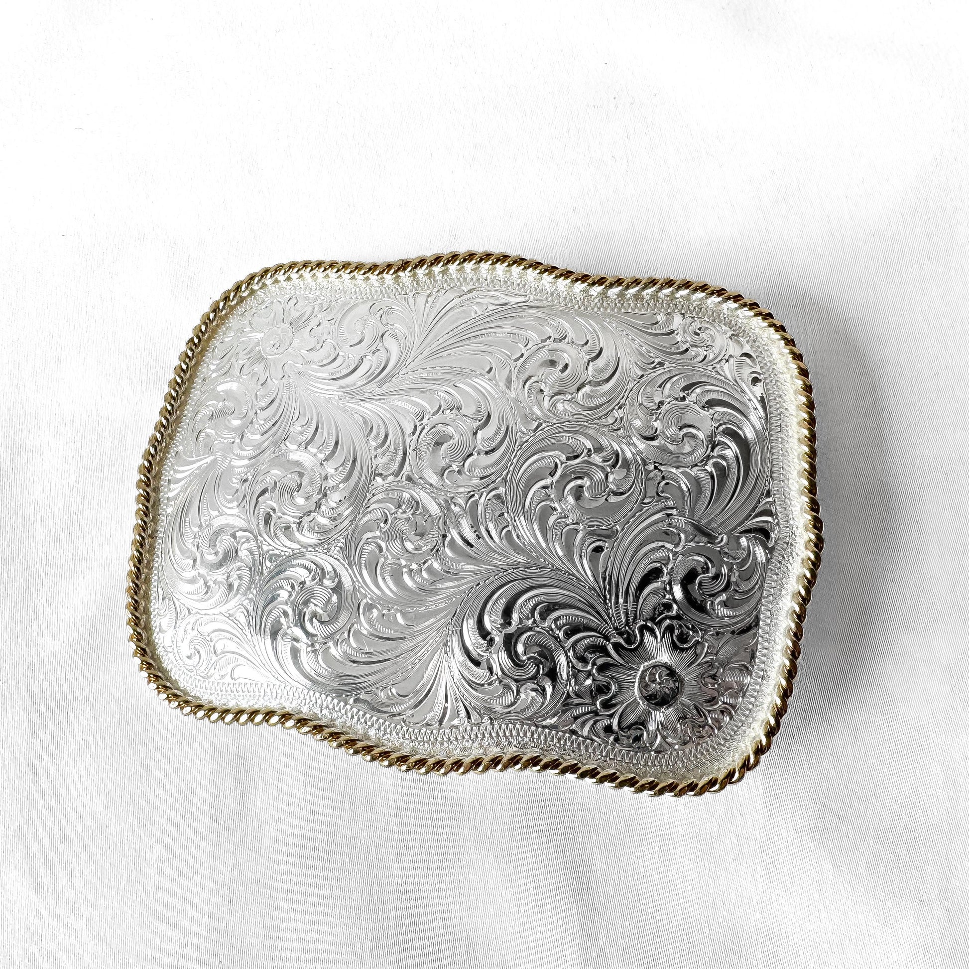 Vintage Montana Silversmiths Scalloped Rectangle Gold Trim Floral Etched Belt Buckle, Western Rodeo Festival Accessories