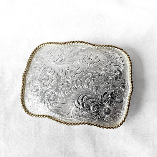 Vintage Montana Silversmiths Scalloped Rectangle Gold Trim Floral Etched Belt Buckle, Western Rodeo Festival Accessories