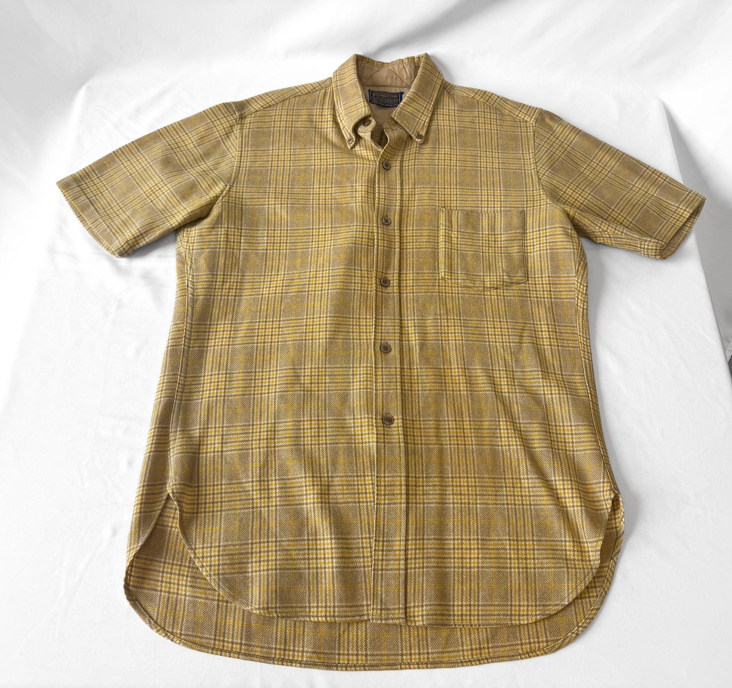 Vintage Pendleton Light Butter Yellow Plaid Wool Unisex Button Down Shirt, Men's Sz. L