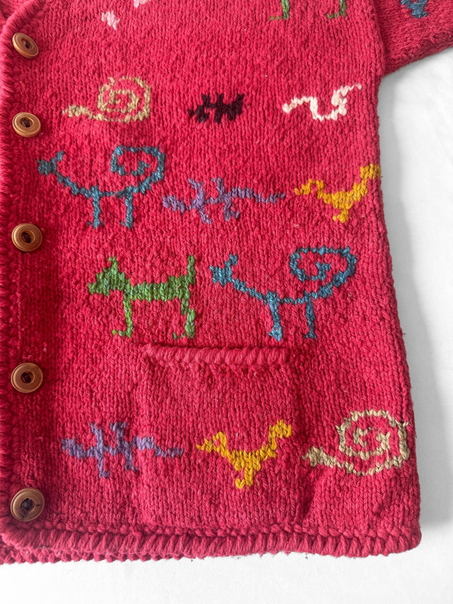 Vintage Amano Fushscia Pink Scribble Animal Swirl Abstract Print Pure Wool Cardigan Sweater, Approx. Women's Sz. XL