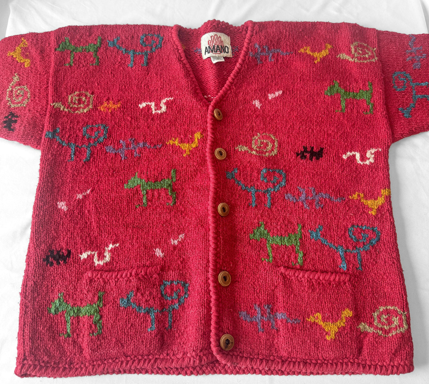 Vintage Amano Fushscia Pink Scribble Animal Swirl Abstract Print Pure Wool Cardigan Sweater, Approx. Women's Sz. XL