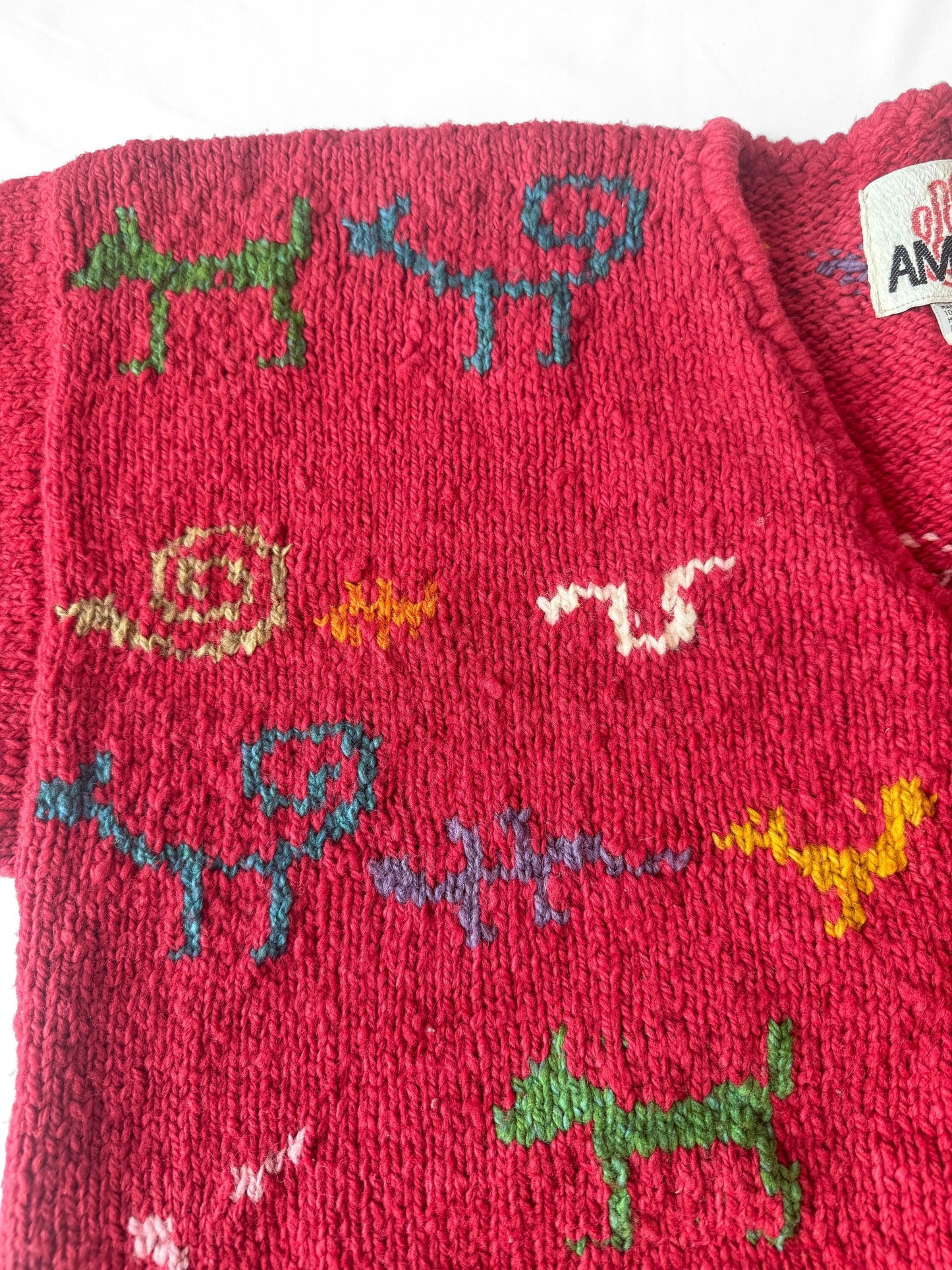 Vintage Amano Fushscia Pink Scribble Animal Swirl Abstract Print Pure Wool Cardigan Sweater, Approx. Women's Sz. XL