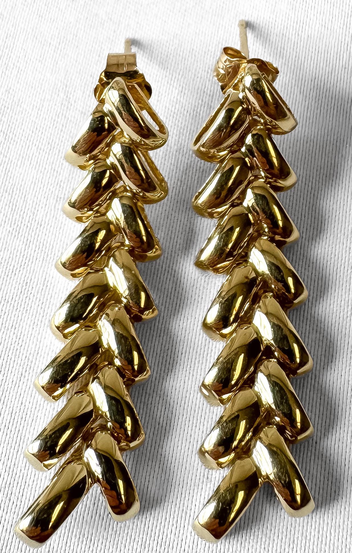 Vintage 14K Yellow Gold Chevron Link Dangle Stud Earrings, Elegant Simple Minimalist Statement Earrings