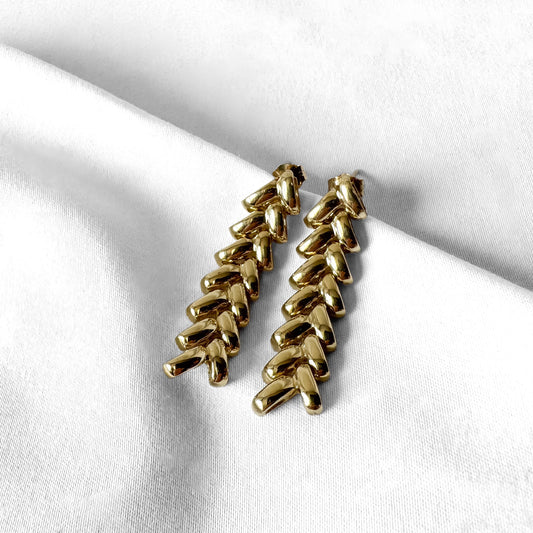 Vintage 14K Yellow Gold Chevron Link Dangle Stud Earrings, Elegant Simple Minimalist Statement Earrings