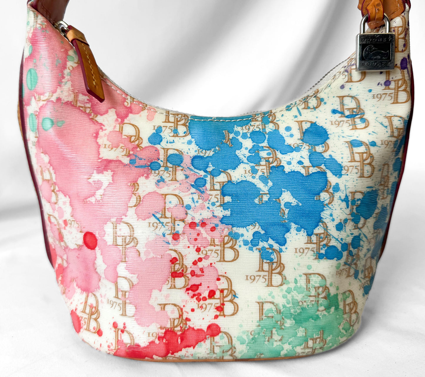 Y2K Vintage Dooney and Bourke Off White Rainbow Watercolor Paint Splash Monogram Hobo Shoulder Bag