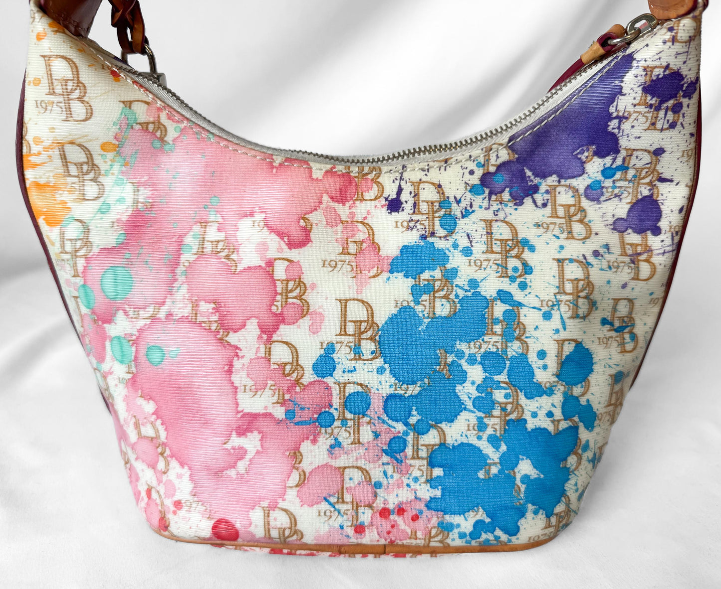 Y2K Vintage Dooney and Bourke Off White Rainbow Watercolor Paint Splash Monogram Hobo Shoulder Bag