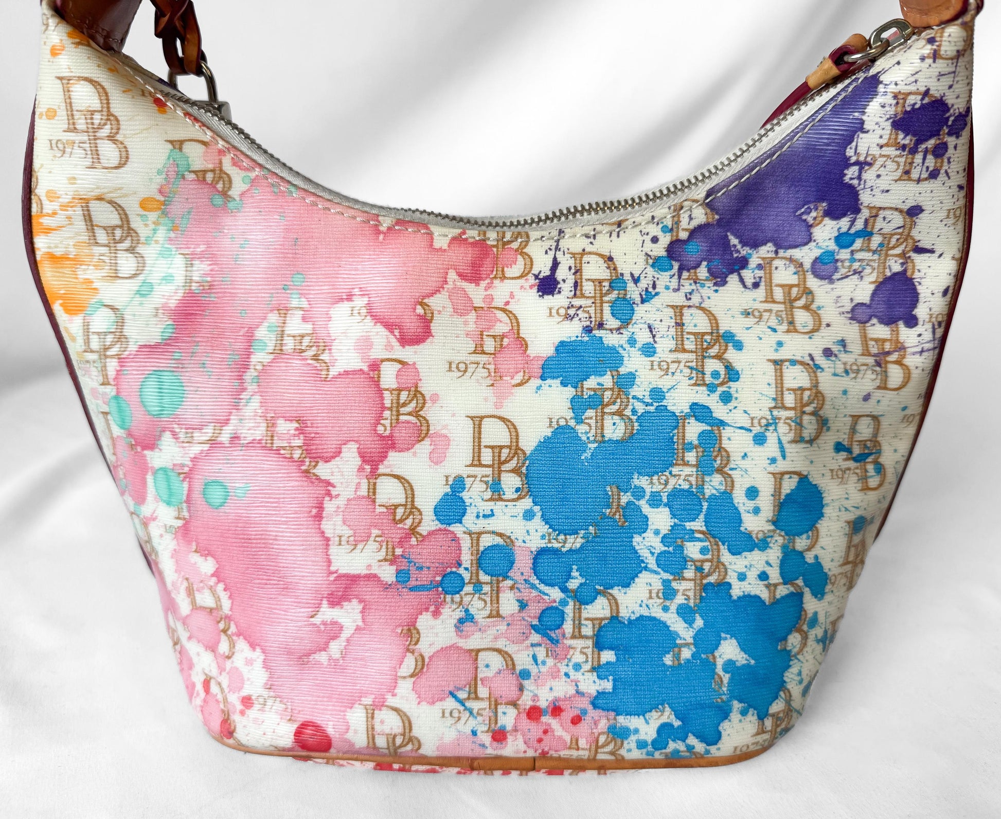 Y2K Vintage Dooney and Bourke Off White Rainbow Watercolor Paint Splash Monogram Hobo Shoulder Bag
