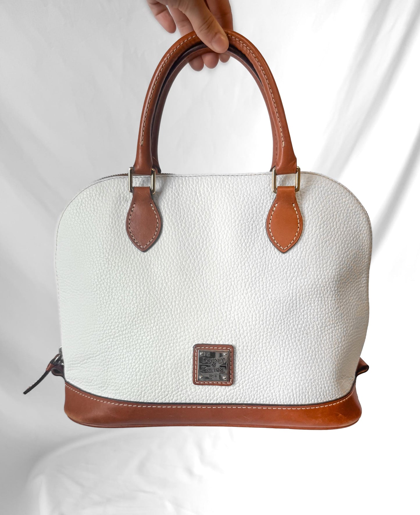 Dooney and Bourke White Pebble Grain Zip Domed Satchel with Detachable Crossbody Strap