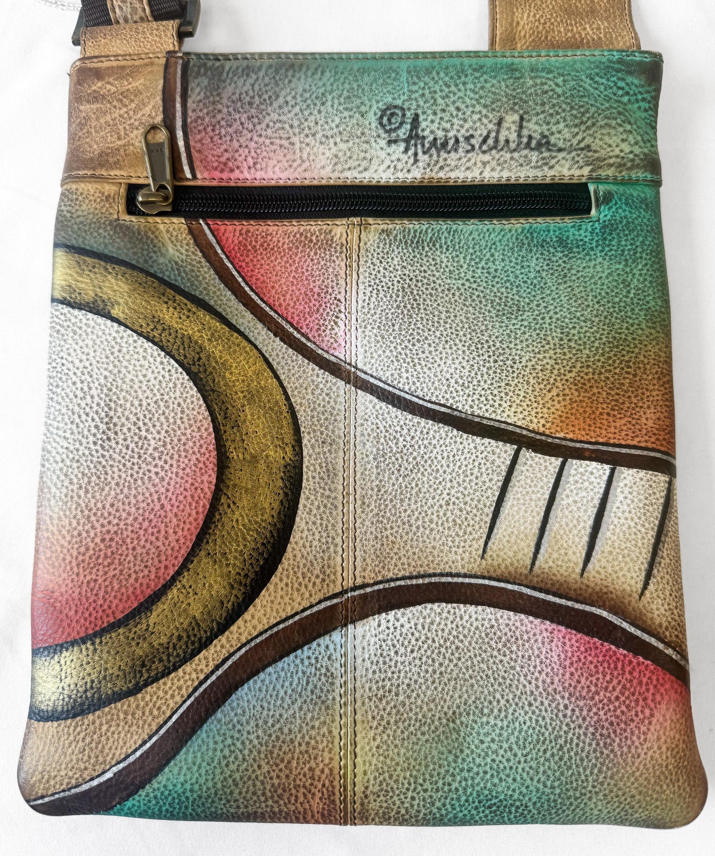 NWT Anuschka Multicolor Abstract Print Leather Crossbody Bag, Unique Boho Style Handbag