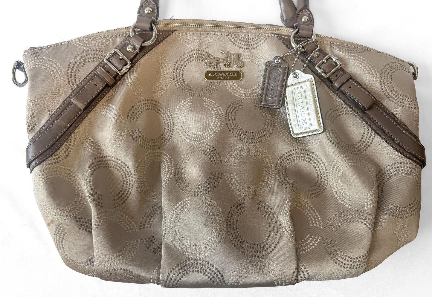 Y2K Coach Op Art Madison Sophia Dotted Beige Satchel Handbag with Detachable Strap, Style 15957, Unique Y2K 00s Vintage Coach Purse