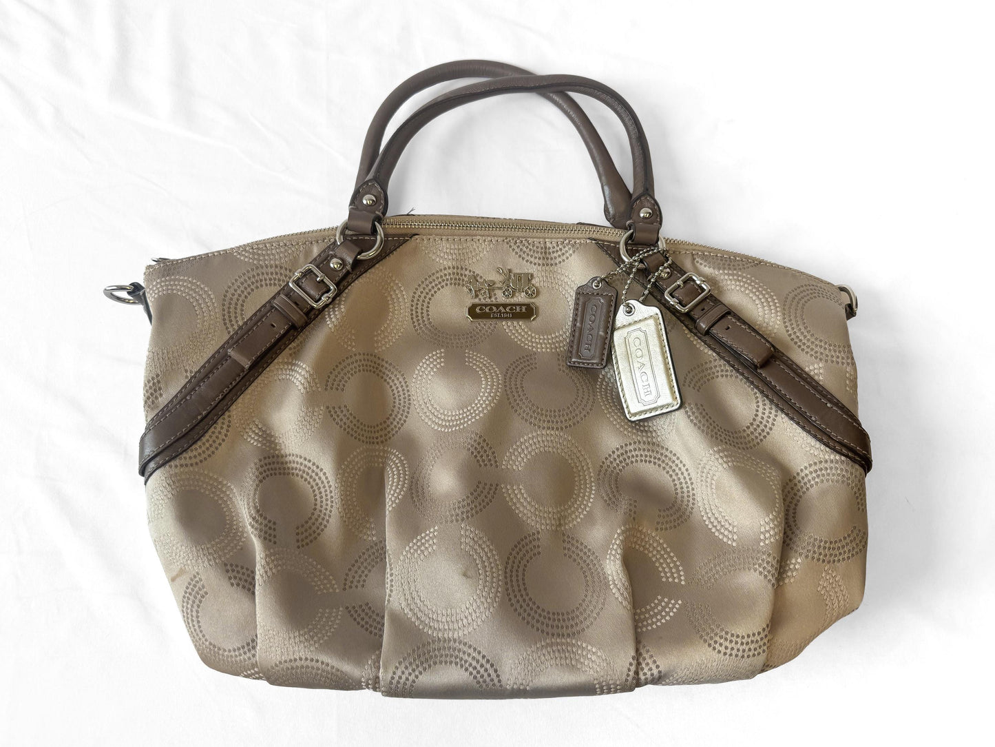 Y2K Coach Op Art Madison Sophia Dotted Beige Satchel Handbag with Detachable Strap, Style 15957, Unique Y2K 00s Vintage Coach Purse