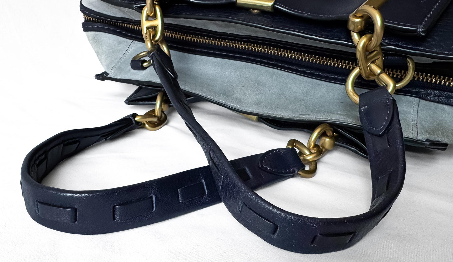 Modern Coach Dreamer Whipstitch Color Block Ink Blue Gray Leather Suede Satchel with Detachable Strap Style 76767