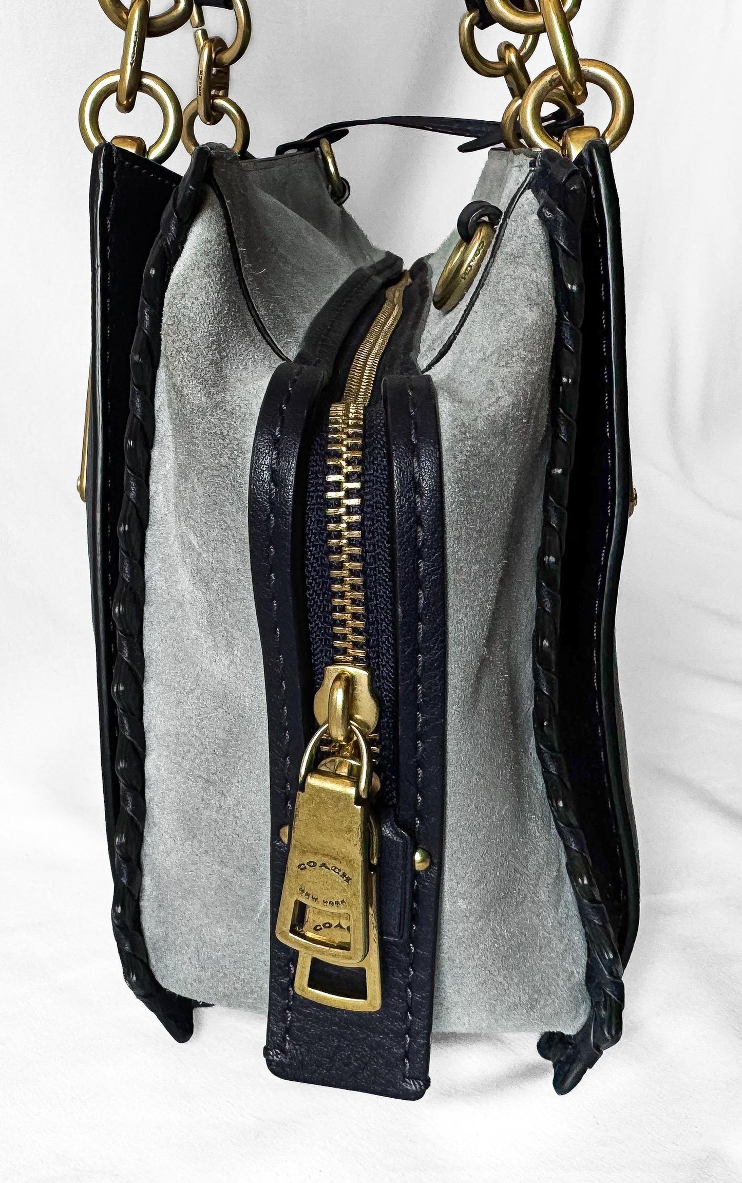 Modern Coach Dreamer Whipstitch Color Block Ink Blue Gray Leather Suede Satchel with Detachable Strap Style 76767