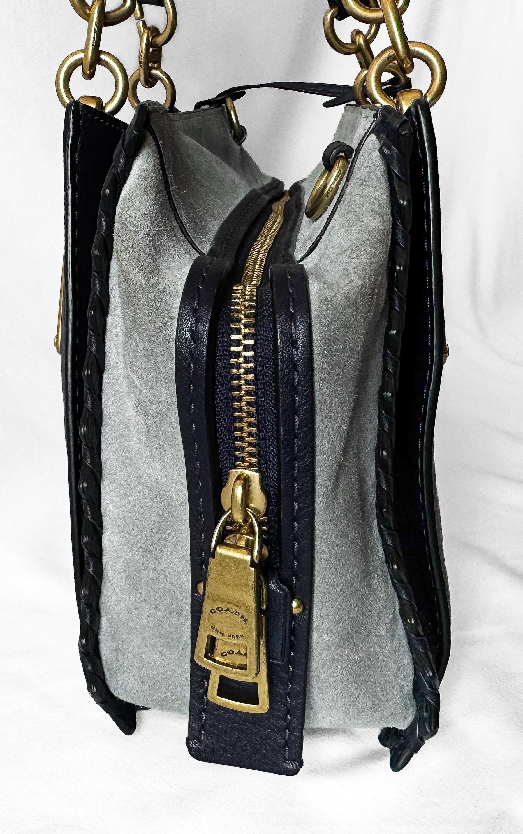 Modern Coach Dreamer Whipstitch Color Block Ink Blue Gray Leather Suede Satchel with Detachable Strap Style 76767