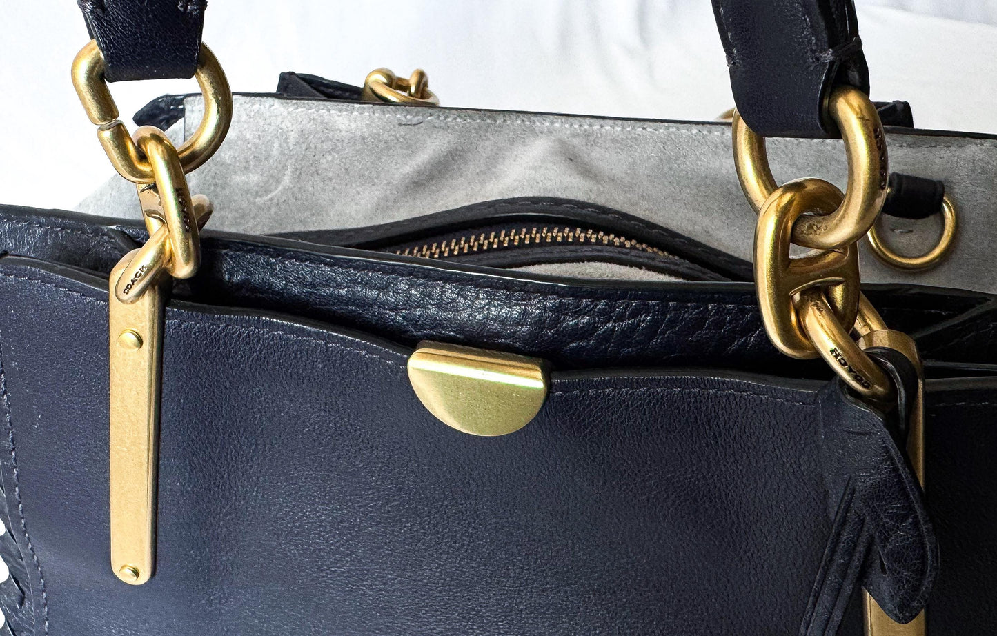 Modern Coach Dreamer Whipstitch Color Block Ink Blue Gray Leather Suede Satchel with Detachable Strap Style 76767