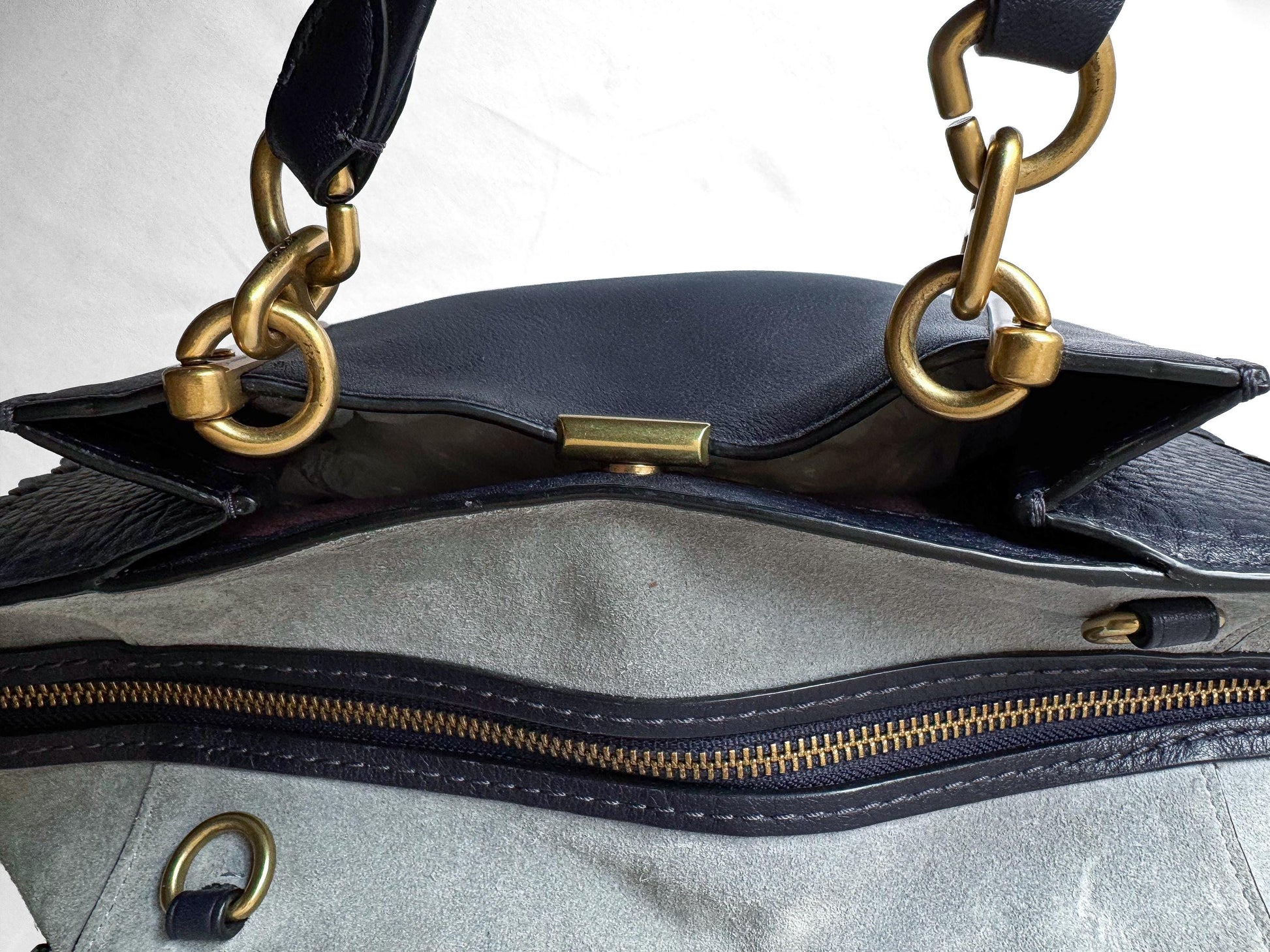 Modern Coach Dreamer Whipstitch Color Block Ink Blue Gray Leather Suede Satchel with Detachable Strap Style 76767
