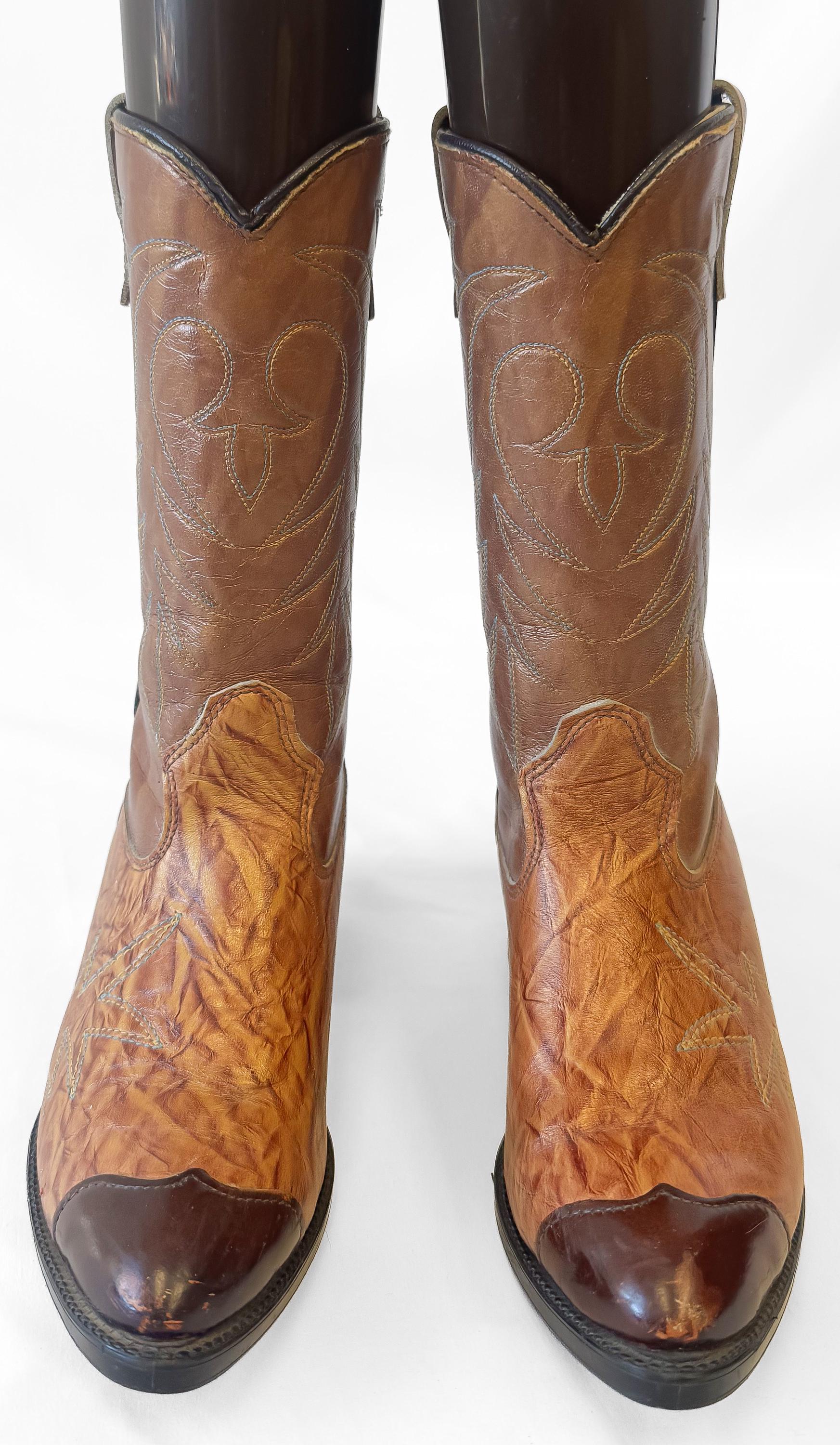 Vintage Texas Boot Co Two Toned Brown Leather Cowboy Boots, Approx. Women's Sz. 6M, Unique Festival Western Country Cowgirl Boots
