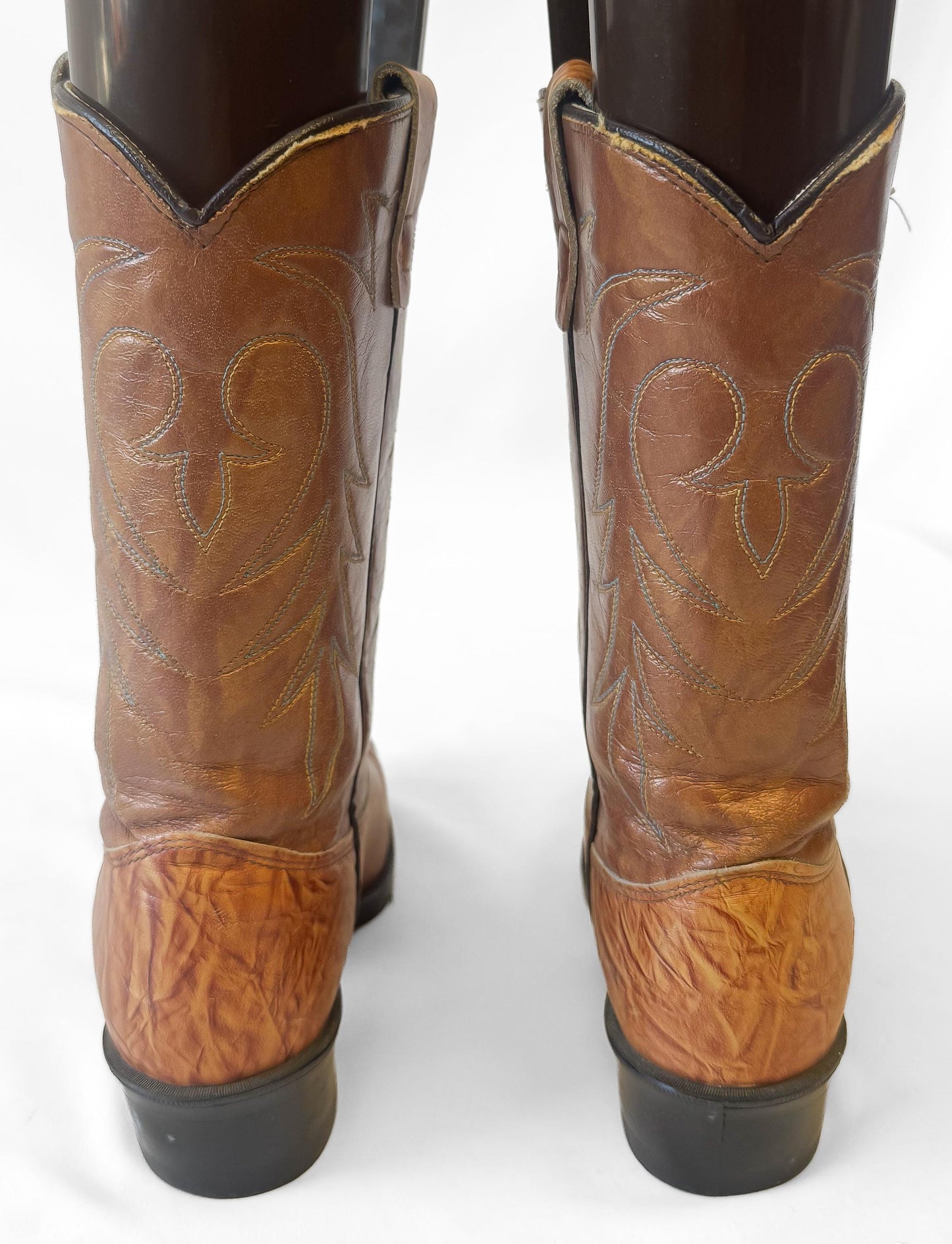 Vintage Texas Boot Co Two Toned Brown Leather Cowboy Boots, Approx. Women's Sz. 6M, Unique Festival Western Country Cowgirl Boots