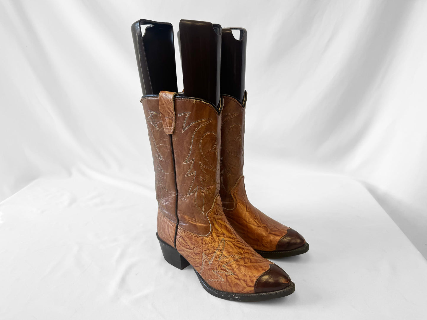 Vintage Texas Boot Co Two Toned Brown Leather Cowboy Boots, Approx. Women's Sz. 6M, Unique Festival Western Country Cowgirl Boots