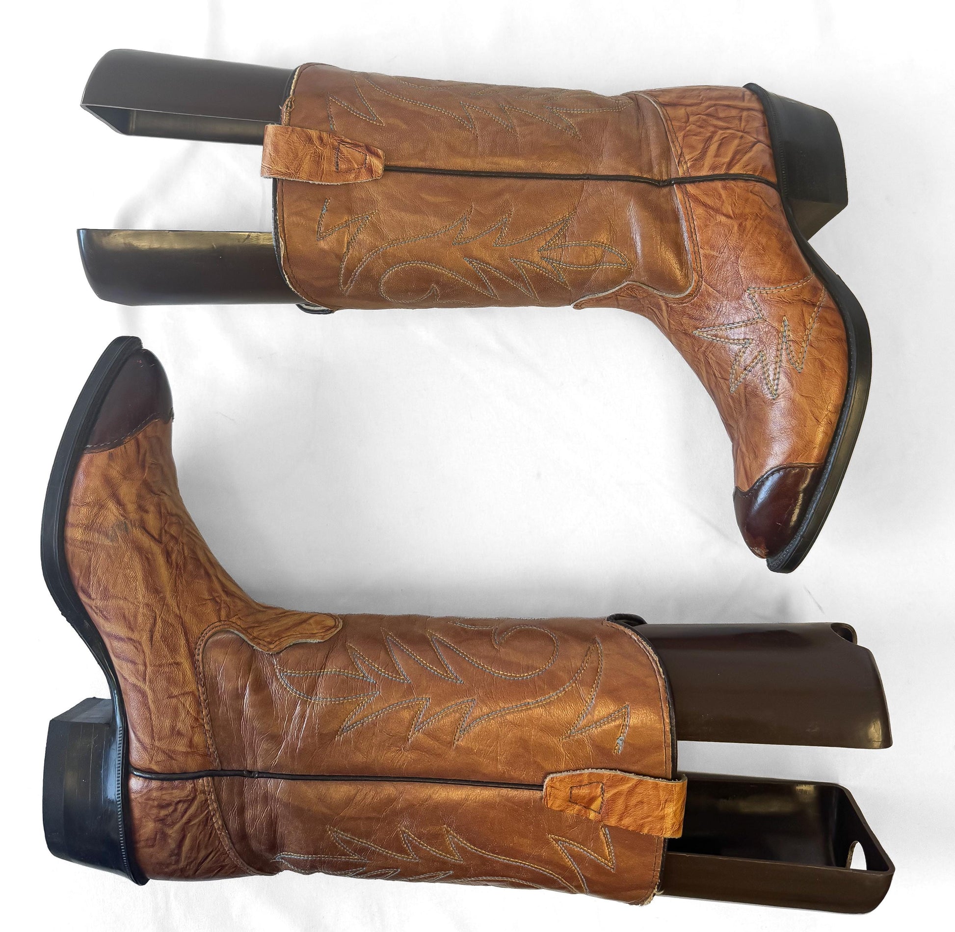 Vintage Texas Boot Co Two Toned Brown Leather Cowboy Boots, Approx. Women's Sz. 6M, Unique Festival Western Country Cowgirl Boots