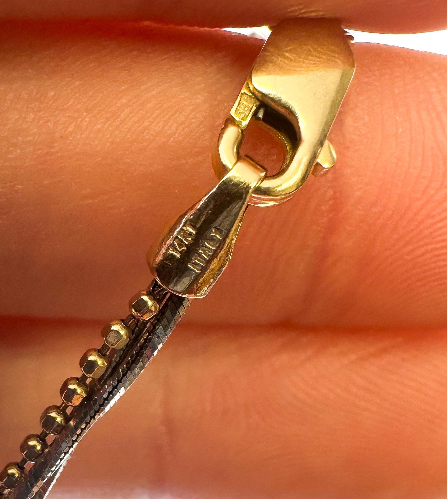 Vintage 14K Italy Double Strand Two Tone Yellow White Gold Twisted Ball Chain Ankle 10 Inch Bracelet