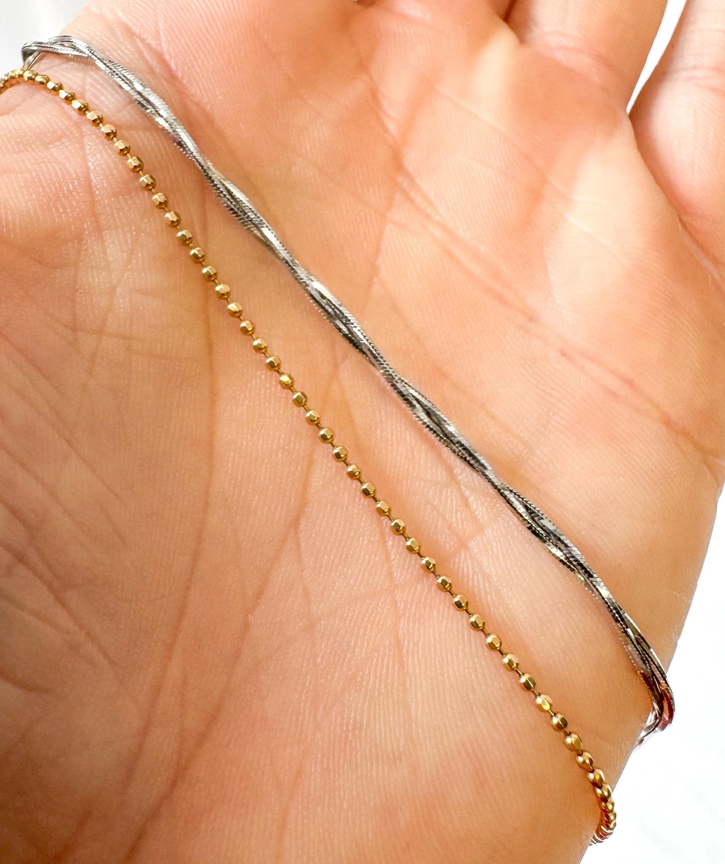 Vintage 14K Italy Double Strand Two Tone Yellow White Gold Twisted Ball Chain Ankle 10 Inch Bracelet