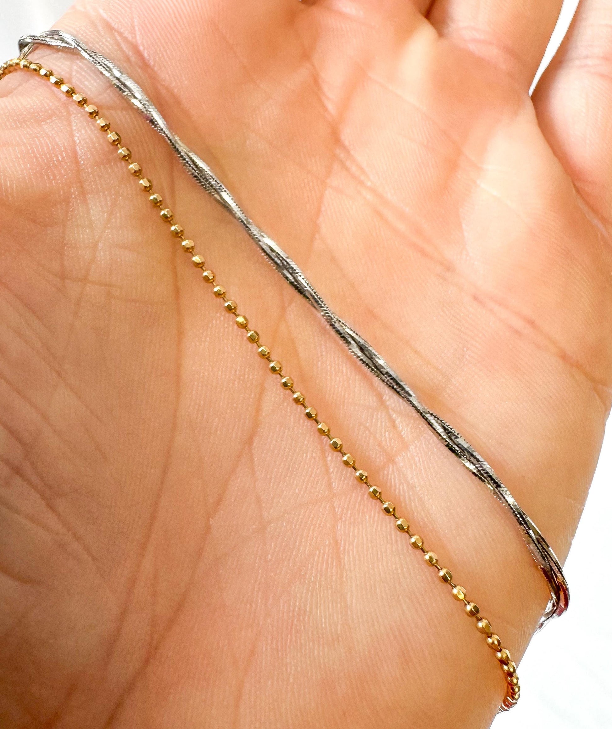 Vintage 14K Italy Double Strand Two Tone Yellow White Gold Twisted Ball Chain Ankle 10 Inch Bracelet