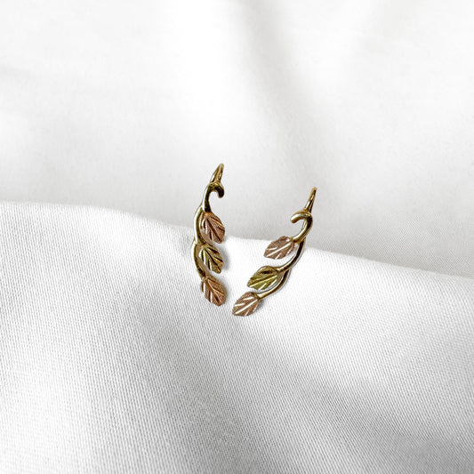 Vintage 14K Black Hills Gold Tri Color Leaf Dangle Stud Earrings