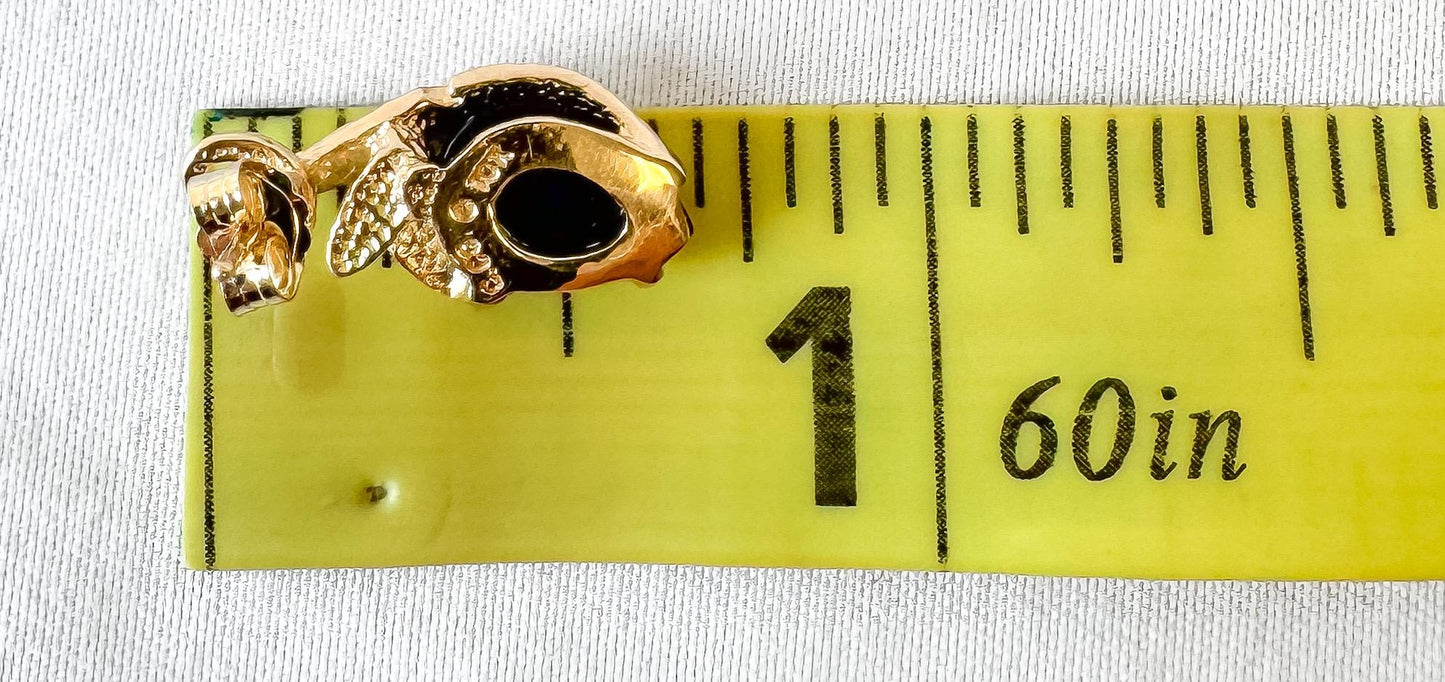 Vintage 10K CCO Black Hills Gold Onyx Feather Leaf Detail Teardrop Stud Earrings