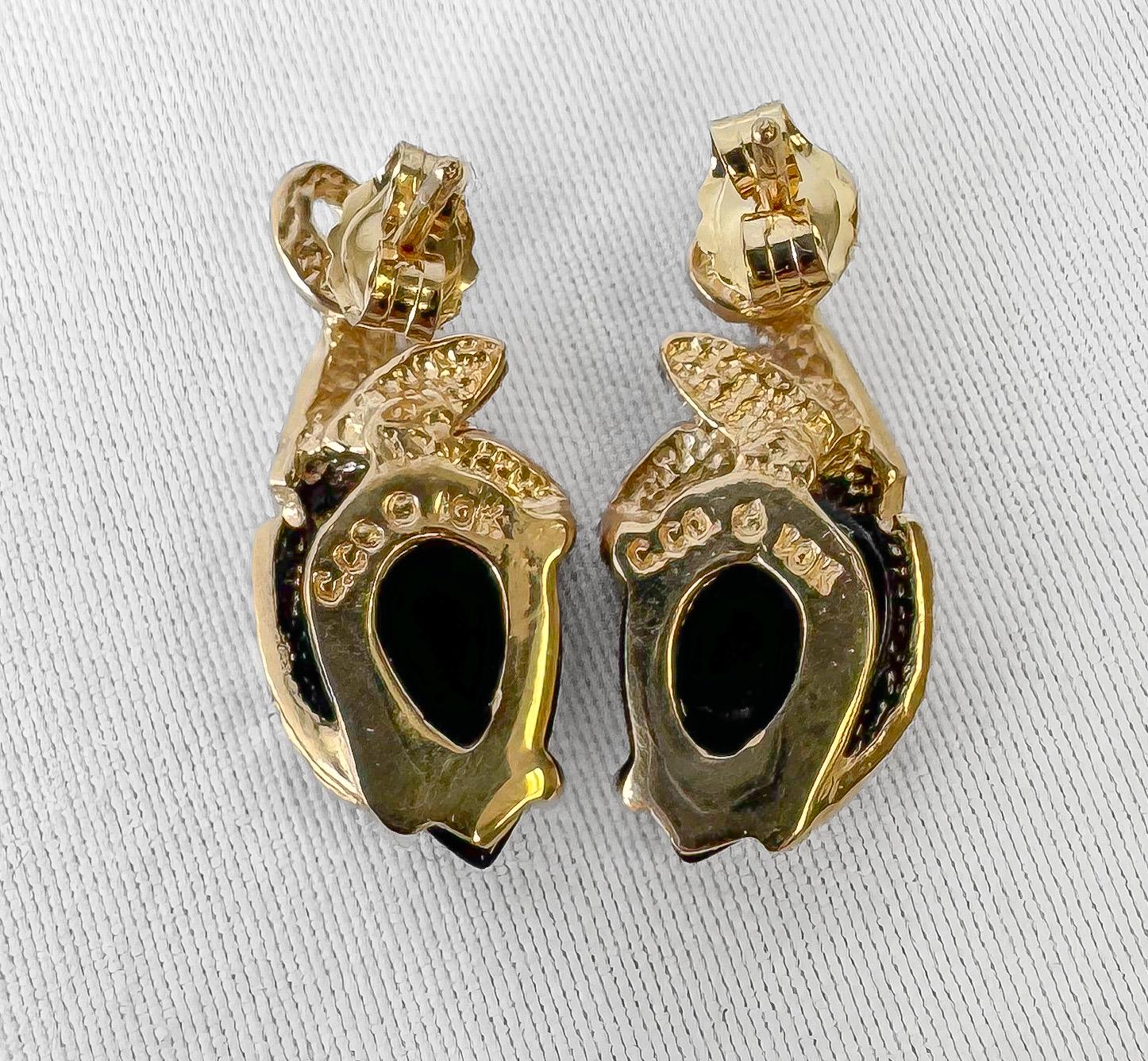 Vintage 10K CCO Black Hills Gold Onyx Feather Leaf Detail Teardrop Stud Earrings