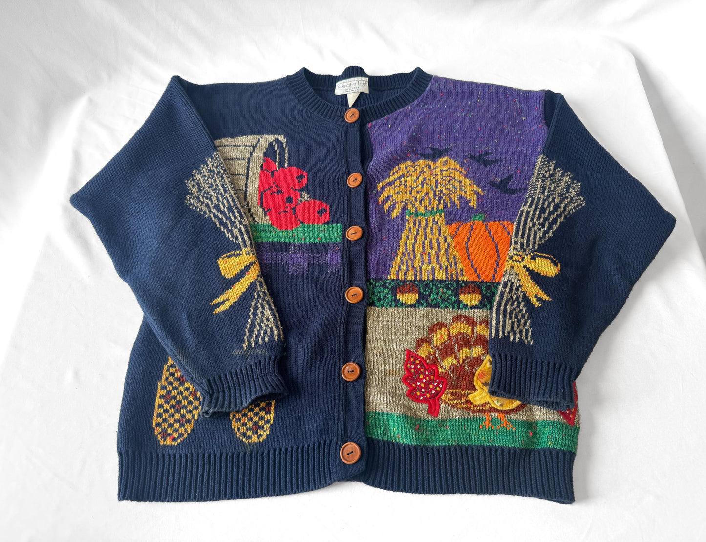 Vintage 80s/90s Sweater Loft Autumn Harvest Navy Knit Cotton Cardigan, Approx. Women's Sz. S, Vintage Halloween Fall Sweater