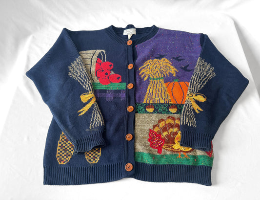 Vintage 80s/90s Sweater Loft Autumn Harvest Navy Knit Cotton Cardigan, Approx. Women's Sz. S, Vintage Halloween Fall Sweater
