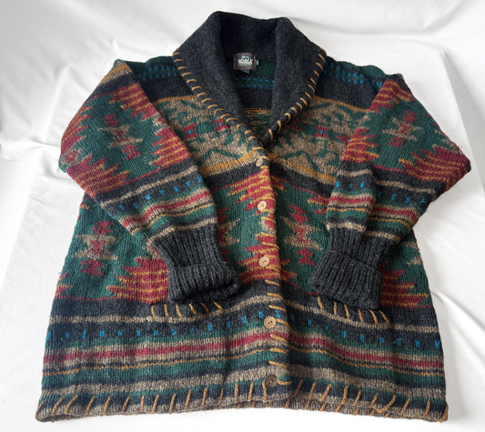 Vintage Style Woolrich Multicolor Aztec Southwest Print Chunky Knit Shawl Collar Wool Unisex Cardigan Sweater, Men's Sz. L