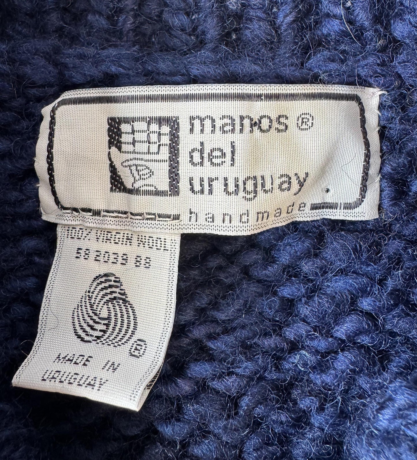 Vintage Manos Del Uruguay Navy Blue Grid Patterned Chunky Knit Wool Zip Up Sweater, Approx. Men's Sz. L