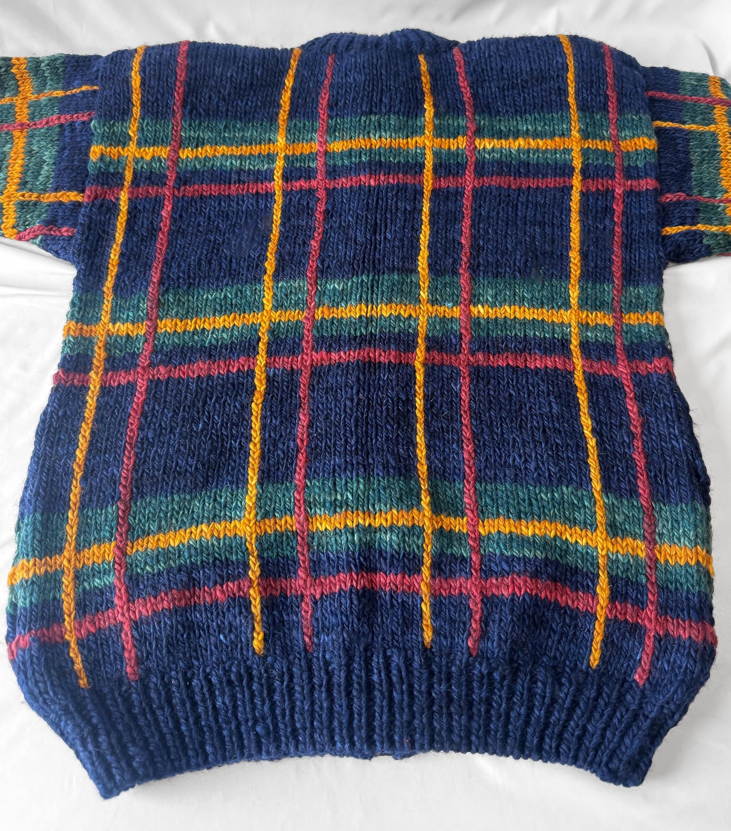 Vintage Manos Del Uruguay Navy Blue Grid Patterned Chunky Knit Wool Zip Up Sweater, Approx. Men's Sz. L