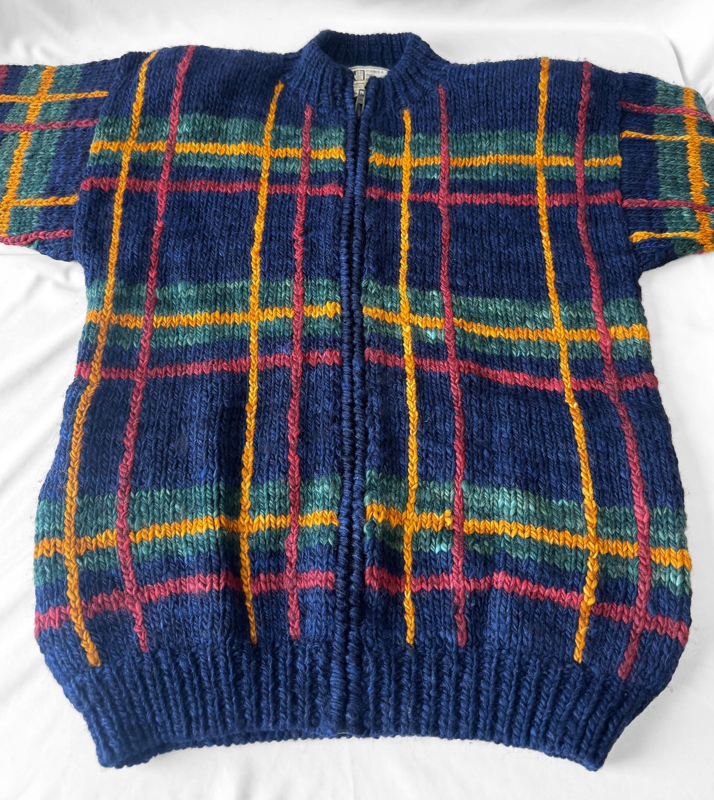 Vintage Manos Del Uruguay Navy Blue Grid Patterned Chunky Knit Wool Zip Up Sweater, Approx. Men's Sz. L