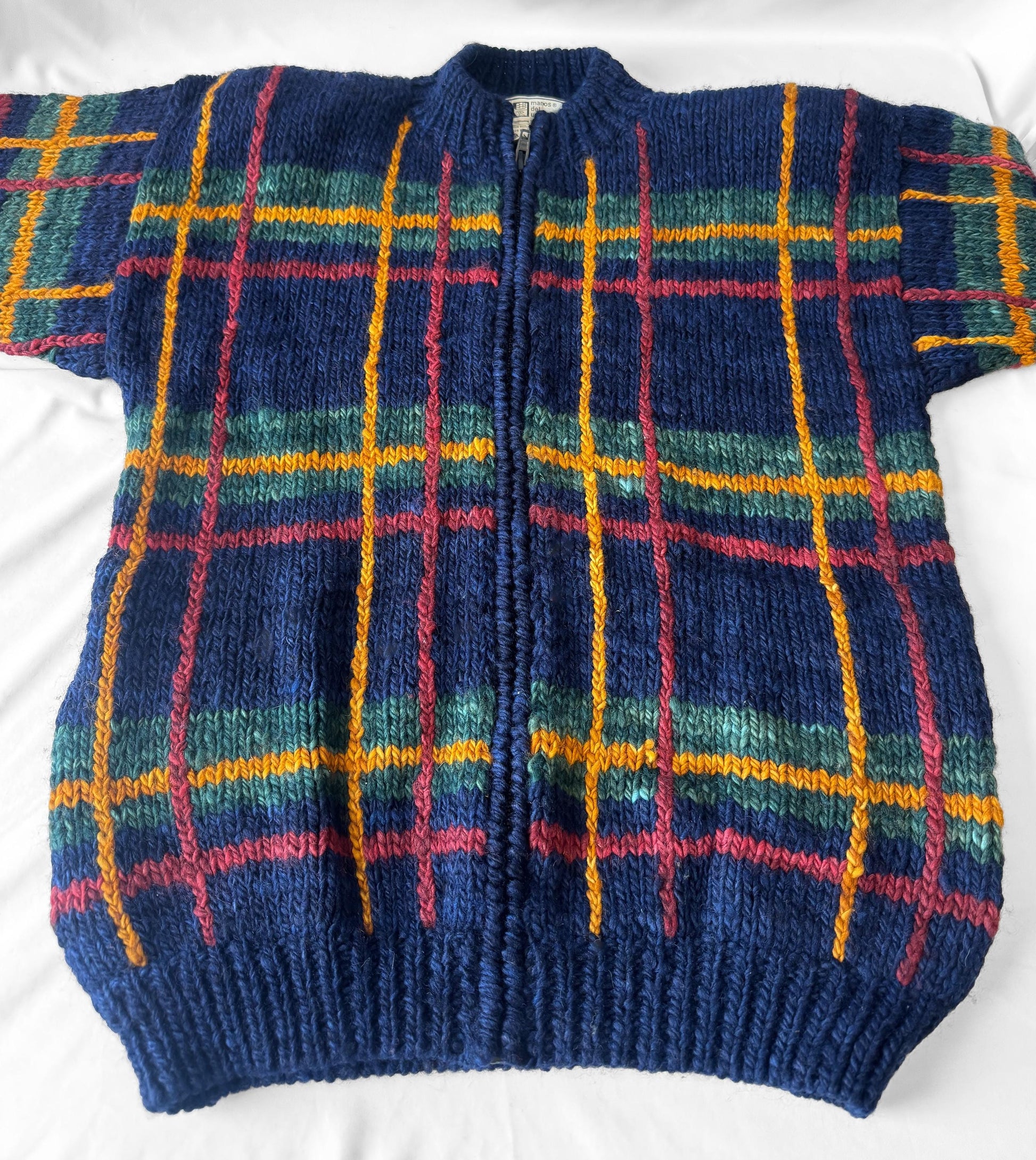 Vintage Manos Del Uruguay Navy Blue Grid Patterned Chunky Knit Wool Zip Up Sweater, Approx. Men's Sz. L