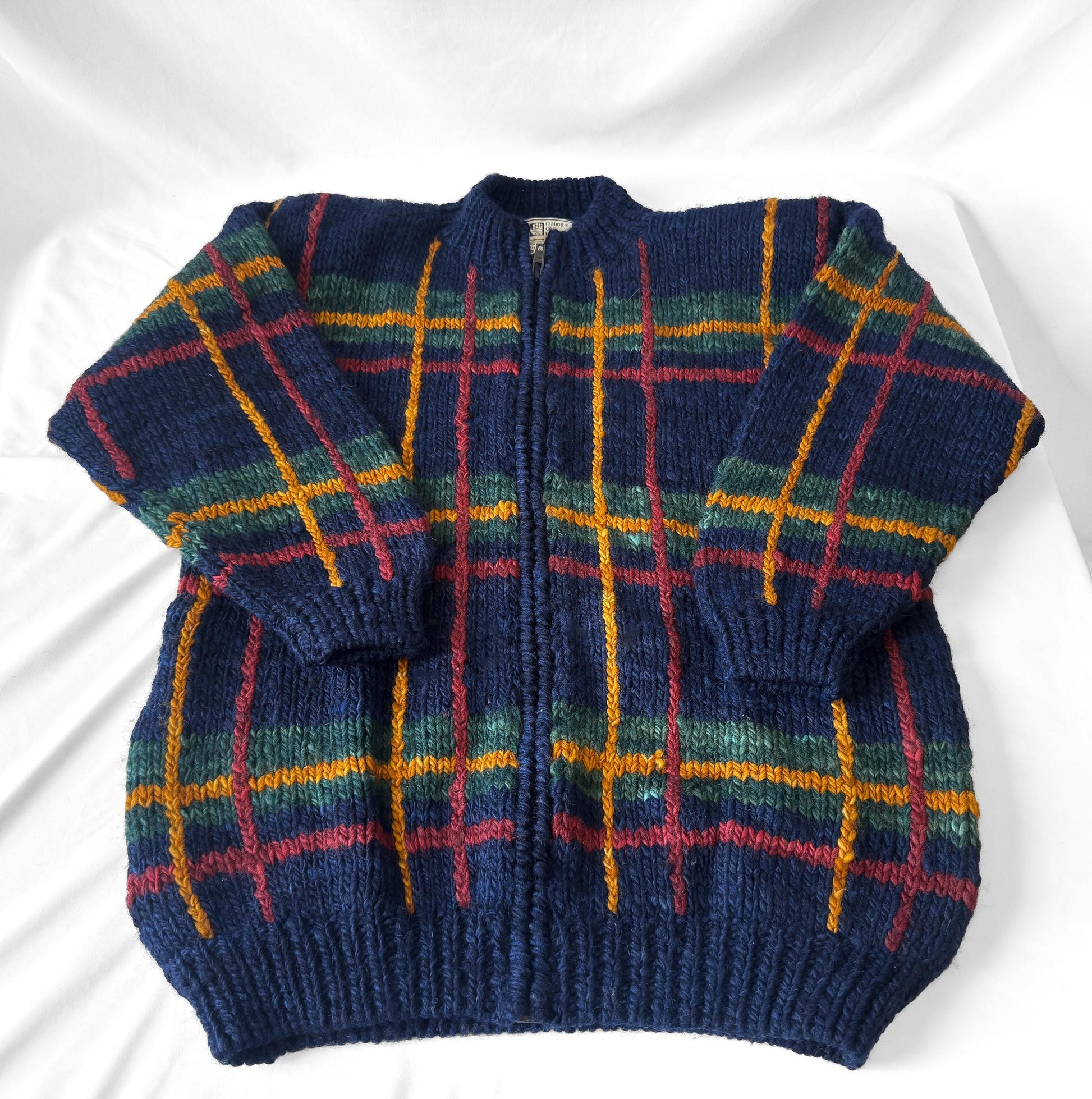 Vintage Manos Del Uruguay Navy Blue Grid Patterned Chunky Knit Wool Zip Up Sweater, Approx. Men's Sz. L