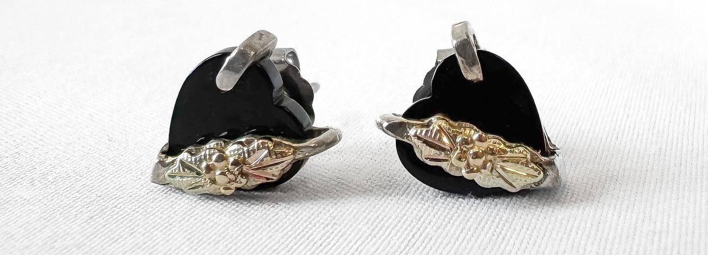 Vintage 925 12K RGC Black Hills Gold Onyx Leaf Detail Heart Stud Earrings