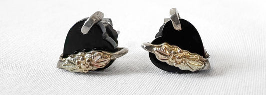 Vintage 925 12K RGC Black Hills Gold Onyx Leaf Detail Heart Stud Earrings